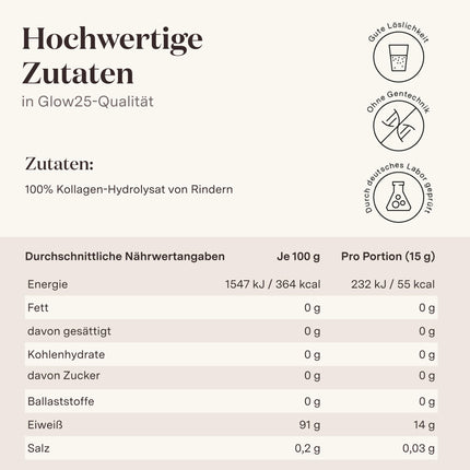 Glow25® Collagen Powder [450g] - Our Original - Collagen Hydrolysate - Peptides Type 1 and 3 - Good Solubility - Neutral