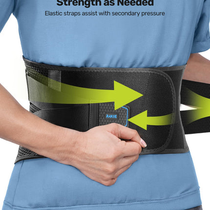 Rakiie Back Support Belt with Support Struts, Adjustable Tension Straps and Soft Breathable Mesh Fabric, Back Brace for Back Pain in Men and Women (Blue, M)