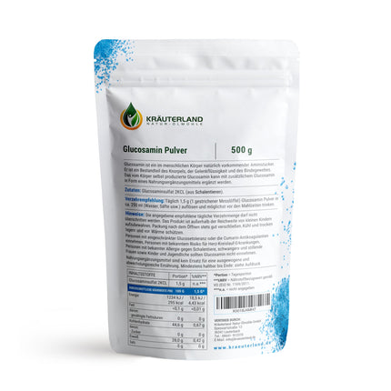 Kräuterland Glucosamine Powder 500g - highly pure and high-dose - 100% pure glucosamine sulfate powder in premium quality