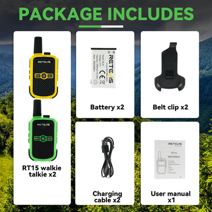 Retevis RT15 Walkie Talkie Adults, PMR446 Two-Way Radios, Hands-Free VOX, Mini, 1000 mAh Li-ion Battery, Walkie Talkie for Camping, School, Home Games, Vacation (Green and Yellow, 1 Pair)