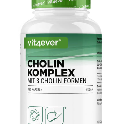 Choline Complex with 3 Choline Forms - 120 Capsules - Bitartrate, Citicoline &amp; Phosphatidylcholine in a synergistic combination - No additives - Vegan