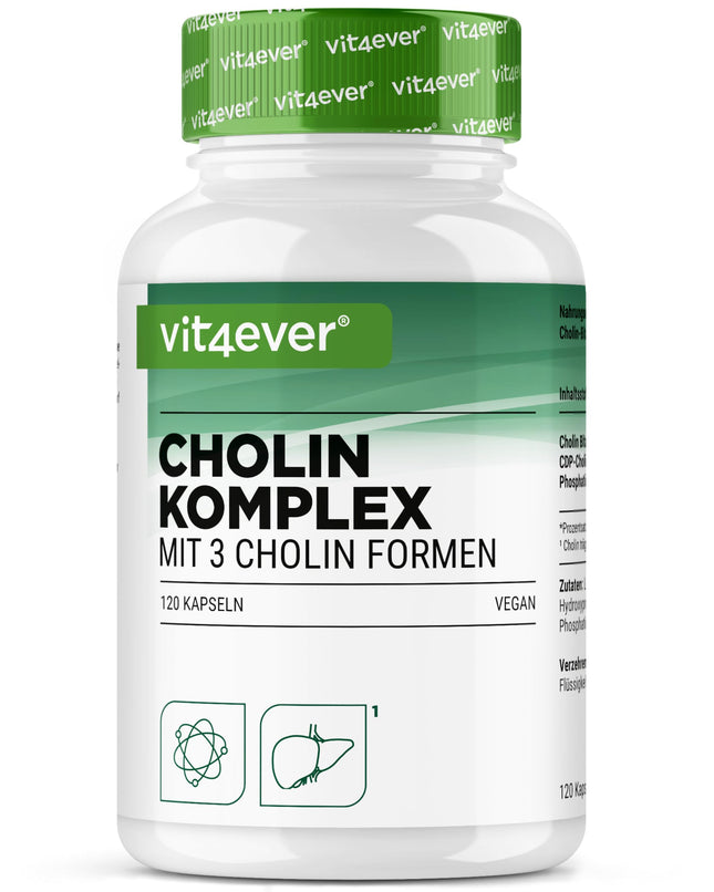 Choline Complex with 3 Choline Forms - 120 Capsules - Bitartrate, Citicoline &amp; Phosphatidylcholine in a synergistic combination - No additives - Vegan
