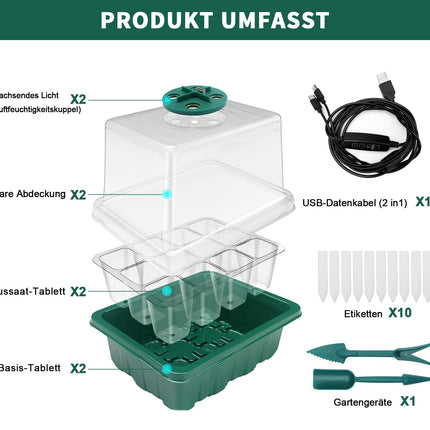 Indoor greenhouse growing box, 2 pieces mini greenhouse growing set with raised lid, seedling starter with plant lights with full spectrum, trays greenhouse growing tray for plant