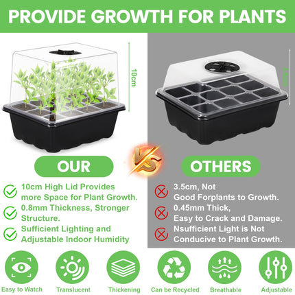 KIMIGO Indoor Greenhouse Propagator, 10 Pieces 120 Cells Mini Greenhouse Propagation Set, Mini Greenhouse Small Propagation Set, Seedling Starter Trays with Lid Ventilation, for Seedling Plant - Black