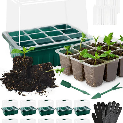 BITOYO Indoor Greenhouse Propagator, 10 Pack 120 Cell Mini Greenhouse Propagation Kit with Raised Lid and Ventilation, Seedling Starter Trays with Plant Labels, for Seedling Plant, Green