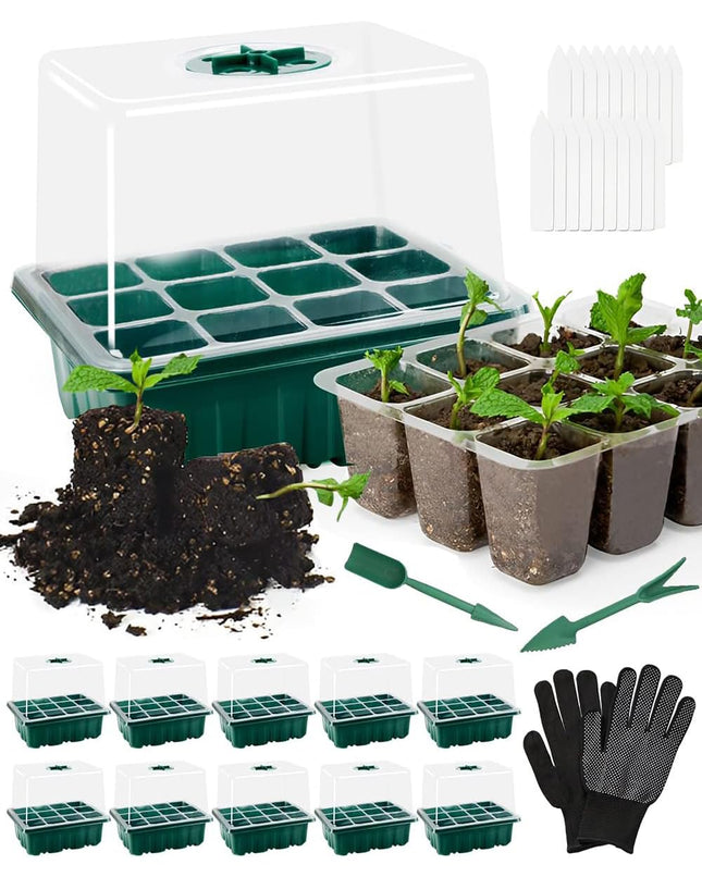 BITOYO Indoor Greenhouse Propagator, 10 Pack 120 Cell Mini Greenhouse Propagation Kit with Raised Lid and Ventilation, Seedling Starter Trays with Plant Labels, for Seedling Plant, Green