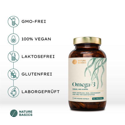 Vegan Omega 3 from algae oil | 120 high-dose capsules for 4 months | One capsule daily | Laboratory-tested for purity