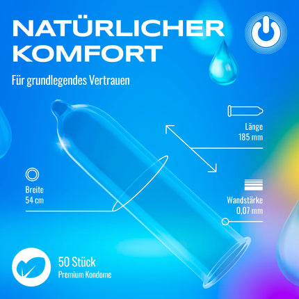 ON) Natural Feeling Condoms I 54 mm wide I 50 pack I Premium natural condoms I thin 0.07 mm wall thickness I Vegan condoms I Condoms for men I Condoms for men