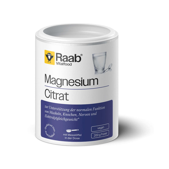 Raab Vitalfood® Magnesium Citrate Powder (200 g) - 100% magnesium citrate without additives, easy to dose, ideal for athletes - for muscles, nerves, electrolyte balance - laboratory-tested, vegan