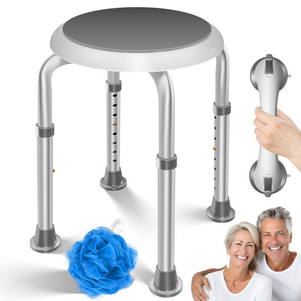 KESSER® Shower Stool, Height-Adjustable 8 Steps | Lightweight Bath Stool with Non-Slip Rubber Feet, 136KG Load Capacity | Shower Aid for Seniors | Suction Cup Grab Handle for Bathtub | Shower Seat with 360° Rotation