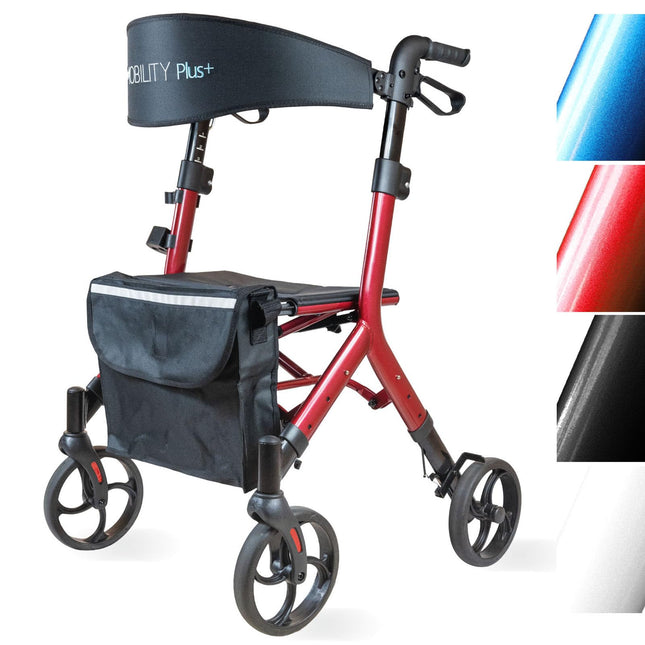 Mobility Plus+ Design Rollator DR10+ Red - Indoor &amp; Outdoor, slim &amp; foldable - Height-adjustable walking aid for seniors with back strap &amp; bag - Internal brake cables without annoying cables