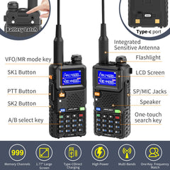 JUCJET UV-5RH Multi-Frequency Walkie Talkie, 999 Channels, Flashlight, Type-C USB Charging Station, High-Performance Walkie Talkie for Adventure, Outdoor, Camping, Family (2 Pack)
