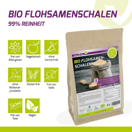 Vita2You Psyllium Husks Organic 99% Purity 1000g - Laboratory Tested - 100% Organic Cultivation - 1kg Indian Psyllium Husks - Premium Quality
