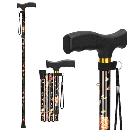 supregear Foldable Walking Stick - Folding Walking Stick, Height-Adjustable Walking Stick, Flexible Lightweight Travel Stick, Collapsible Walking Aid for Balance, for Men and Women, Black Flowers