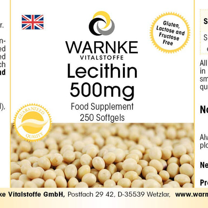 Lecithin 500mg - from soy - 250 softgels - GMO-free - high dosage - bulk pack | Warnke Vitalstoffe - German pharmacy quality
