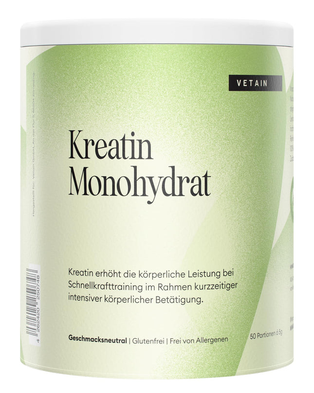 Vetain Creatine Monohydrate Powder 250g - 50 servings of pure creatine - 100% vegan - No additives - high-dose creatine powder for more energy - Tasteless - Laboratory-tested in Germany