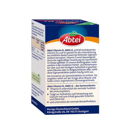 Abtei Vitamin D3 3000 IU - supports immune system and bones - gluten-free, lactose-free, and vegetarian - 75 melting tablets with lemon flavor