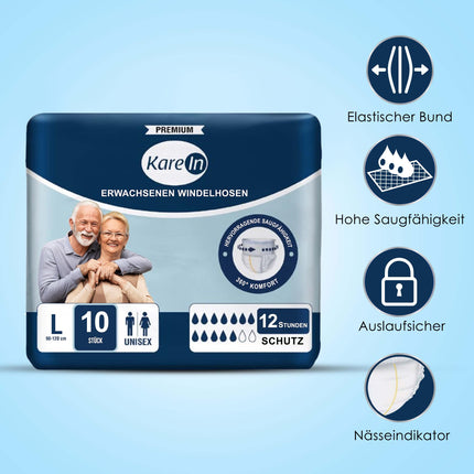 Incontinence Pants for Adults - 10 x Absorbent Diaper Pants for Men and Women - Discreet Leakage Protection and Elastic Cuffs - Size L (89-120 cm)