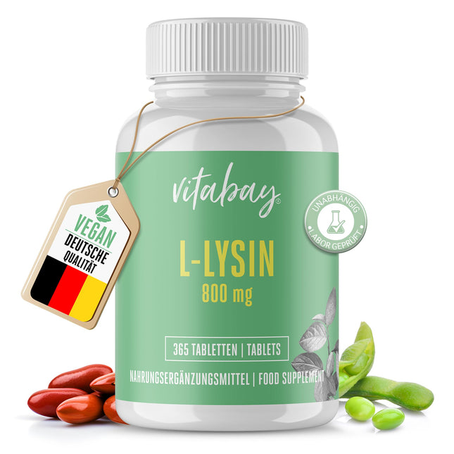 Vitabay Lysine High Dose 800mg - 365 L-Lysine Tablets Vegan &amp; Laboratory Tested - Essential Amino Acid Lysine Capsules - No Unwanted Additives