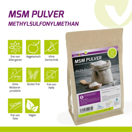 Vita2You MSM Powder 1000g - (Methylsulfonylmethane) 99.9% Purity - Mesh Factor 40-80 - 1kg Organic Sulfur - Premium Quality