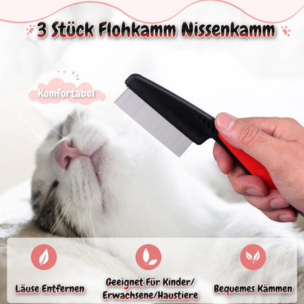 Lice Comb, 3-Piece Flea Comb, Nit Comb, Fine-Tooth Flea Comb for Dogs, Stainless Steel Tick Comb for Cats, Lice Comb for Long Hair, Children, Adults, and Pets, Dandruff Removal (Black)