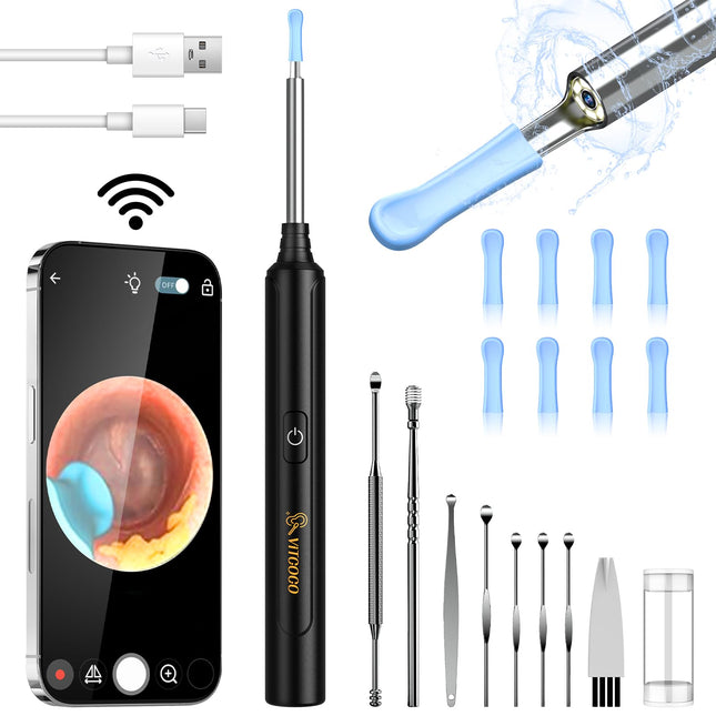 Earwax Remover Otoscope, VITCOCO WiFi Ear Cleaner Camera 5MP HD Ear Camera IP67 Waterproof Otoscope 3.5mm Lens Ear Endoscope with 6 LEDs for iPhone, iPad and Android Smartphones (Black)