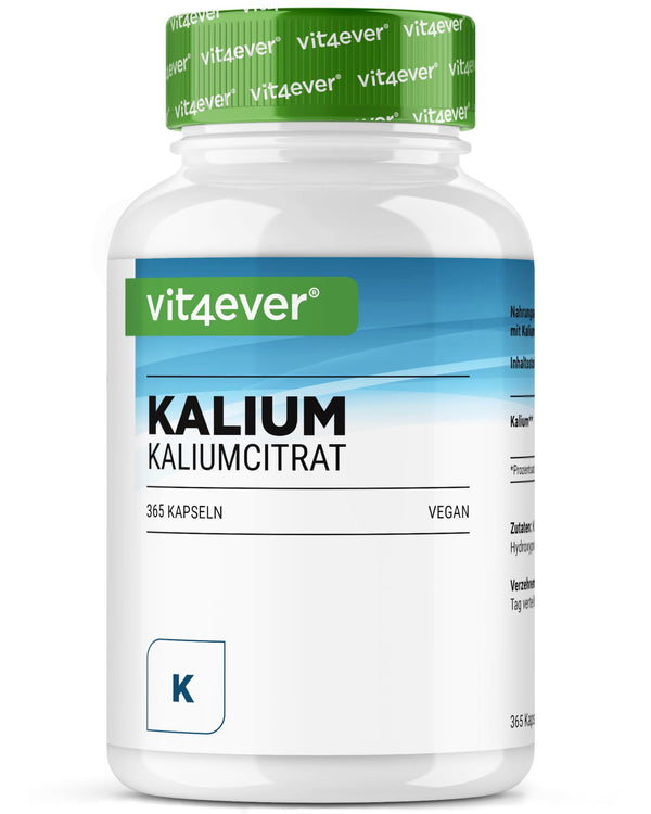 Potassium - 365 capsules with 800 mg elemental potassium (from potassium citrate) per daily dose - vegan, high dosage, no additives