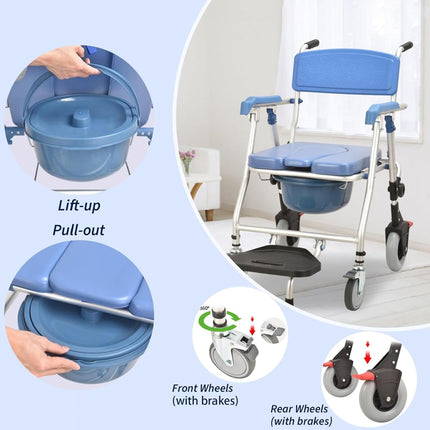 Commode chair for seniors with wheels, comfortable shower chair with armrests and soft seat, multifunctional shower and commode chair, foldable with brake