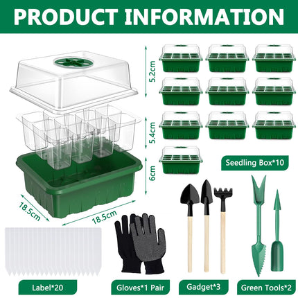 MOYKSRR Indoor Greenhouse Propagator, 10 Pieces 120 Cells Mini Greenhouse Propagation Set with 2 Garden Tools, 3 Shovels, 20 Labels, Propagation Tray with Lid and Ventilation, Balcony Seedling Plant