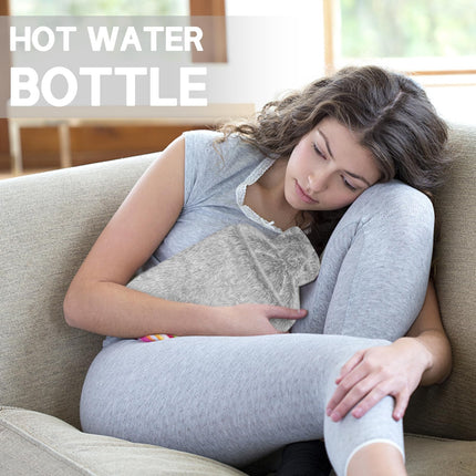 Jsdoin Hot Water Bottle with Cover - 2.0L Leak-Proof Hot Water Bottle, Natural Rubber + Fluffy Hot Water Bottle, Hot Water Bottle for Neck and Shoulder, Back, Legs, and Waist Warming (Gray)