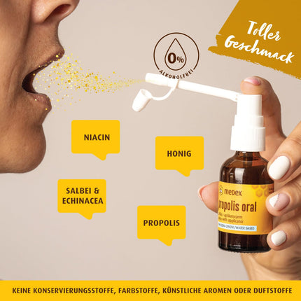 Medex Propolis Oral, propolis spray, mouth and throat spray, water-based, alcohol-free; with honey, sage, niacin, echinacea, standardized bioflavonoids, with applicator, 30 ml