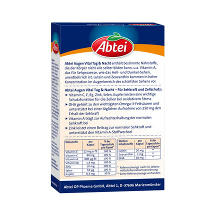Abtei Eye Vital Day and Night - with vitamin A, lutein, DHA, and zeaxanthin - for the maintenance of vision - high dosage, gluten-free, lactose-free - 30 capsules