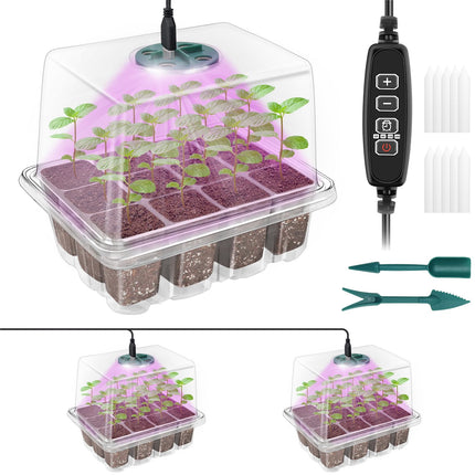 Qoolife Indoor Greenhouse Propagator, Mini Greenhouse Propagation Set with Raised Lid, Seedling Starter with Plant Lights with Full 2 ​​Pieces (Transparent)