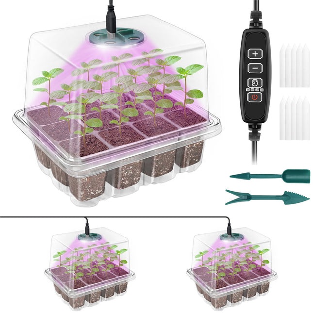 Qoolife Indoor Greenhouse Propagator, Mini Greenhouse Propagation Set with Raised Lid, Seedling Starter with Plant Lights with Full 2 ​​Pieces (Transparent)