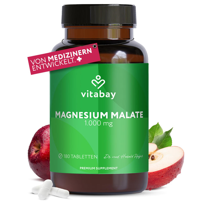 Vitabay Magnesium Malate 1000mg High Dose - 180 Tablets Vegan &amp; Laboratory Tested - Magnesium High Dose Capsules - Contributes to normal energy metabolism and normal muscle function