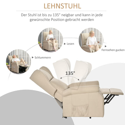 HOMCOM TV Chair with Stand-Up Assistance, Electric TV Chair with Reclining Function, Remote Control, Relaxing Chair with Linen Look, Side Pocket for Living Room, Cream White