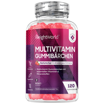 Multivitamin Gummies - 120 Gummies with 13 Ingredients - With Iodine, Vitamins C, A, D3, E, B9, B5, Biotin, Zinc - Strawberry Flavor - 2-Month Supply - Alternative to Capsules - WeightWorld