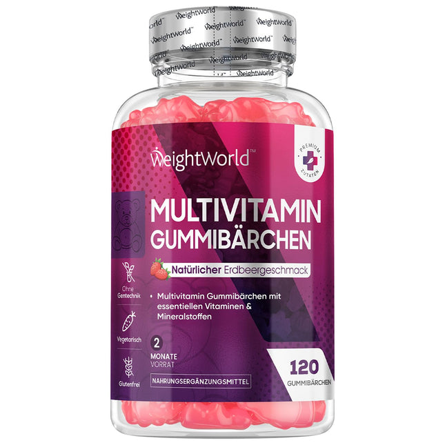 Multivitamin Gummies - 120 Gummies with 13 Ingredients - With Iodine, Vitamins C, A, D3, E, B9, B5, Biotin, Zinc - Strawberry Flavor - 2-Month Supply - Alternative to Capsules - WeightWorld