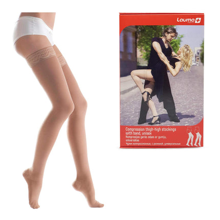 Lauma Medical® compression stockings with silicone lace band for women, class 2, closed toe, thigh-high stockings varicose veins, frequent swelling in legs.