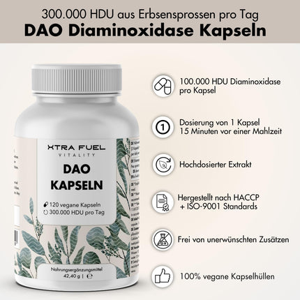 DAO Capsules 120 pieces (high-dose) - 300,000 HDU per daily dose - DAO enzyme from pea protein - vegan &amp; laboratory-tested