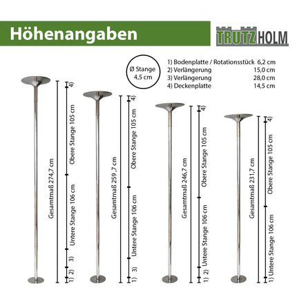 TRUTZHOLM Pole Dance Professional in black or chrome approx. 231-274 cm Ø 45 mm Static &amp; Spinning without drilling Fitness (silver)