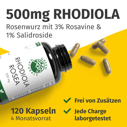 Rhodiola Rosea Capsules - High Dose: 500 mg per capsule with 3% Rosavins &amp; 1% Salidroside - 4 Month Supply (120 Capsules) - Rhodiola Rosea - Pharmacy Quality - Green Naturals®