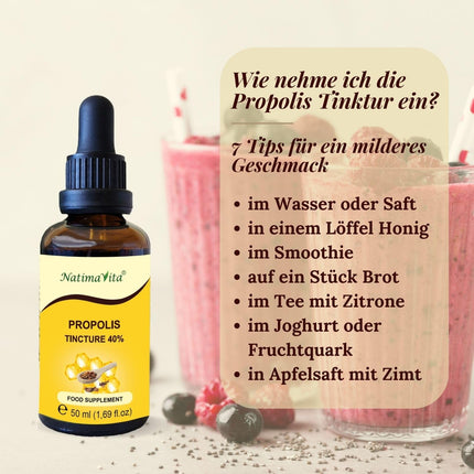 Propolis Tincture 40% - 50 ml - Pure High-Dose Drops - 100% Natural Extract - Immune System Support - Practical Pipette - NatimaVita
