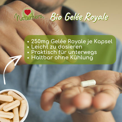 Organic Royal Jelly Capsules from Naturherz | 100% Royal Jelly Powder | NO additives | 90 Veggie Capsules in a practical brown glass jar