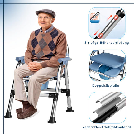 Toilet chair for seniors, portable shower wheelchair, height-adjustable, toilet chair with padded seat and toilet bucket, foldable shower chair, stable, load capacity 200 kg (CY-KJ6201)