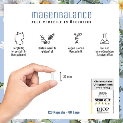 NATURTREU® Magenbalance Betaine HCL Complex vegan - with Pepsin, Chamomile &amp; Chloride - Supports stomach acid and digestion* - Full spectrum enzyme capsules with high dosage