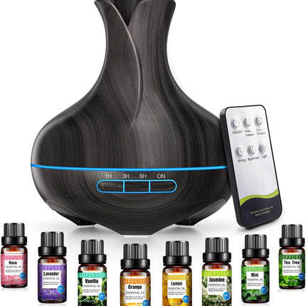 Aroma Diffuser, 600 ML with 8 Essential Oils, Bedroom Humidifier, Humidifier with Remote Control, 4 Timers, Automatic Waterless Shut-off for Large Rooms
