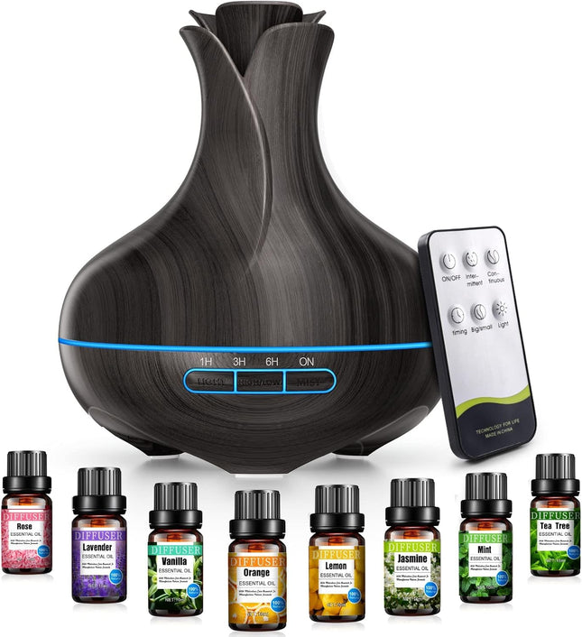 Aroma Diffuser, 600 ML with 8 Essential Oils, Bedroom Humidifier, Humidifier with Remote Control, 4 Timers, Automatic Waterless Shut-off for Large Rooms