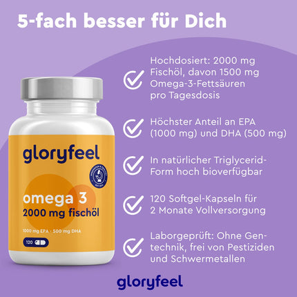 Omega 3 capsules - Highly dosed with 2000mg fish oil, 1000mg EPA &amp; 500mg DHA per daily dose (in triglyceride form) - Essential fatty acids from anchovies - Laboratory-tested and made in Germany
