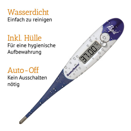 Domotherm Rapid - digital fever thermometer with 2 decimal places, memory, flexible tip, suitable for babies and children